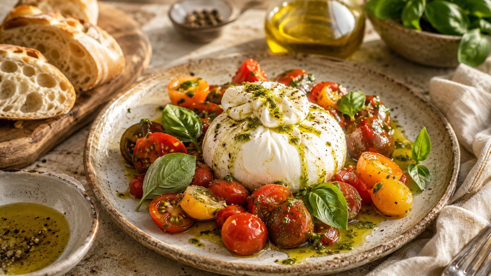 Krémová burrata s marinovanými paradajkami a bazalkovým olejom